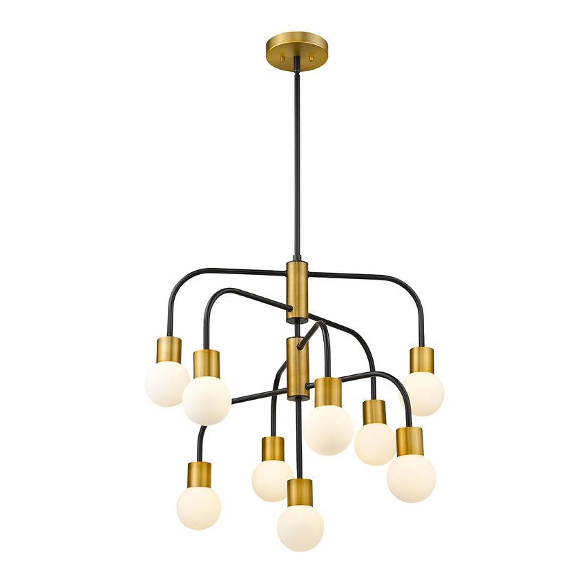 Z-Lite Neutra 27" 9-Light Matte Black and Foundry Brass Chandelier With Opal Glass Shade