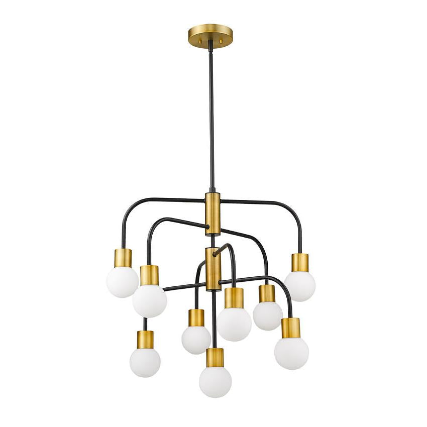 Z-Lite Neutra 27" 9-Light Matte Black and Foundry Brass Chandelier With Opal Glass Shade