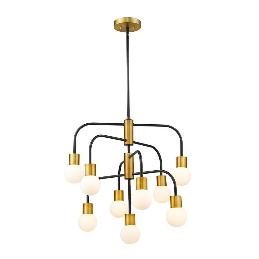 Z-Lite Neutra 27" 9-Light Matte Black and Foundry Brass Chandelier With Opal Glass Shade