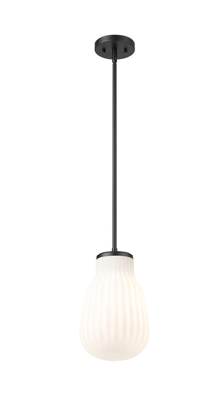 Z-Lite Newbury 8" 1-Light Matte Black Steel Frame Pendant Light With White Opal Glass Shade