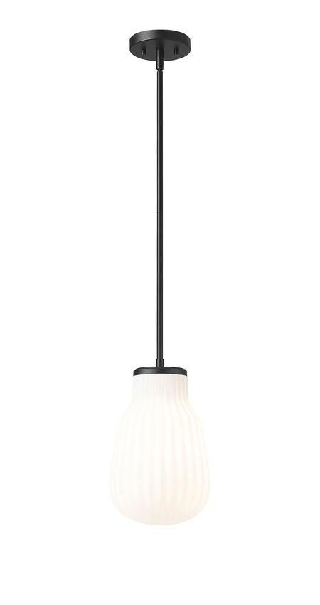 Z-Lite Newbury 8" 1-Light Matte Black Steel Frame Pendant Light With White Opal Glass Shade