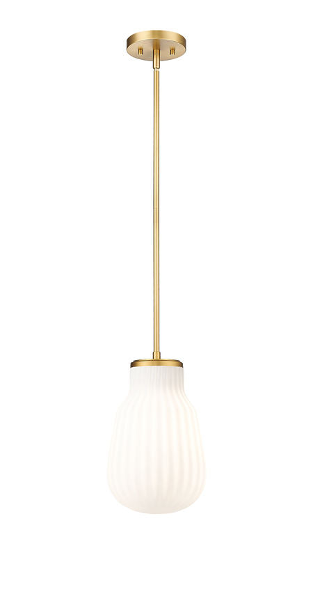 Z-Lite Newbury 8" 1-Light Modern Gold Steel Frame Pendant Light With White Opal Glass Shade
