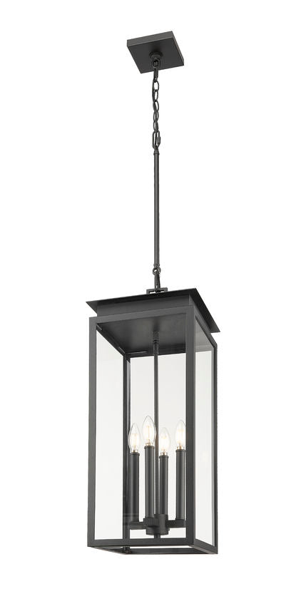 Z-Lite Nova 5018CHB-BK 4-Light Candelabra Base Black Aluminum Clear Glass Shade Outdoor Chain Mount Ceiling Fixture
