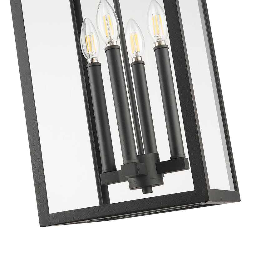 Z-Lite Nova 5018CHB-BK 4-Light Candelabra Base Black Aluminum Clear Glass Shade Outdoor Chain Mount Ceiling Fixture