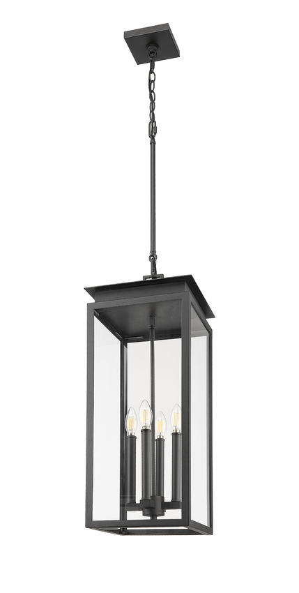 Z-Lite Nova 5018CHB-BK 4-Light Candelabra Base Black Aluminum Clear Glass Shade Outdoor Chain Mount Ceiling Fixture