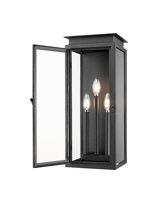Z-Lite Nova 5018M-BK 3-Light Candelabra Base Black Aluminum Clear Glass Shade Outdoor Wall Light