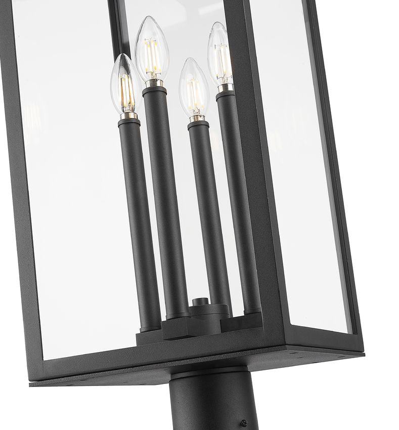 Z-Lite Nova 5018PHBR-5010P-BK 4-Light Candelabra Base Black Aluminum Clear Glass Shade Outdoor Post Mounted Fixture