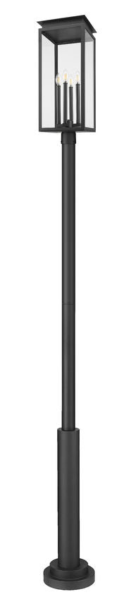 Z-Lite Nova 5018PHBR-5010P-BK 4-Light Candelabra Base Black Aluminum Clear Glass Shade Outdoor Post Mounted Fixture