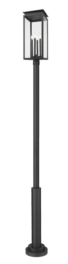 Z-Lite Nova 5018PHBR-5010P-BK 4-Light Candelabra Base Black Aluminum Clear Glass Shade Outdoor Post Mounted Fixture