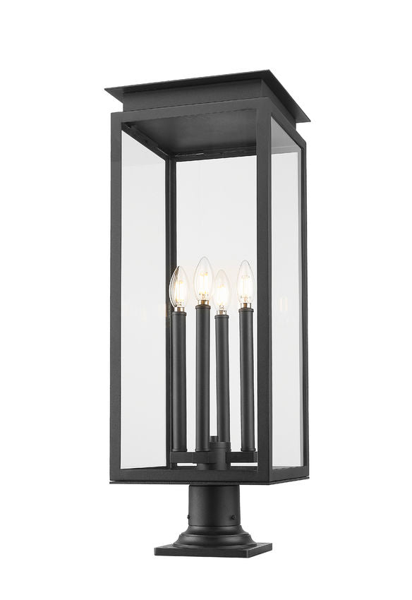 Z-Lite Nova 5018PHBR-533PM-BK 4-Light Candelabra Base Black Aluminum Clear Glass Shade Outdoor Pier Mounted Fixture
