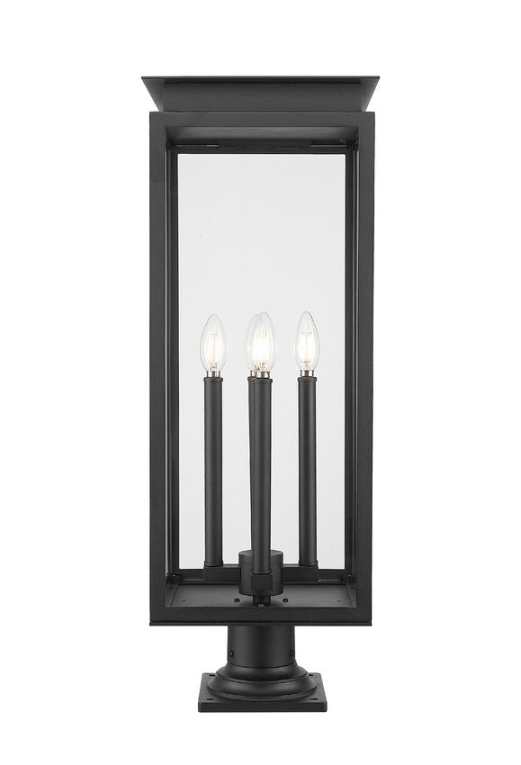 Z-Lite Nova 5018PHBR-533PM-BK 4-Light Candelabra Base Black Aluminum Clear Glass Shade Outdoor Pier Mounted Fixture