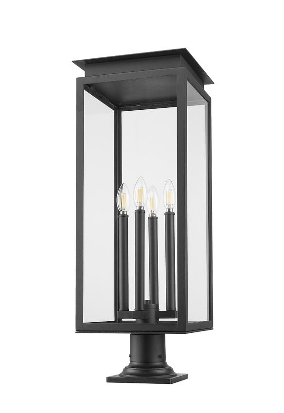 Z-Lite Nova 5018PHBR-533PM-BK 4-Light Candelabra Base Black Aluminum Clear Glass Shade Outdoor Pier Mounted Fixture