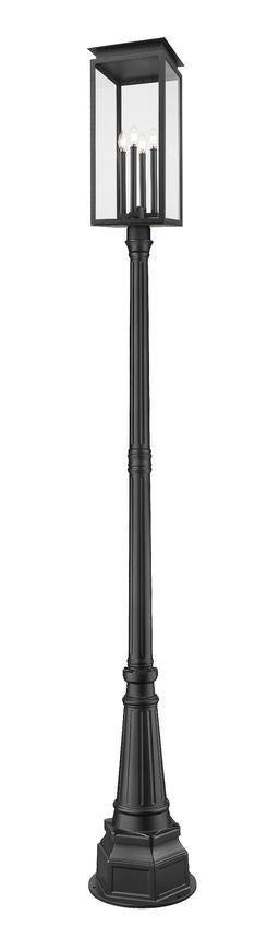 Z-Lite Nova 5018PHBR-564P-BK 4-Light Candelabra Base Black Aluminum Clear Glass Shade Outdoor Post Mounted Fixture