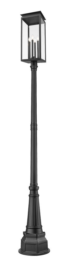 Z-Lite Nova 5018PHBR-564P-BK 4-Light Candelabra Base Black Aluminum Clear Glass Shade Outdoor Post Mounted Fixture