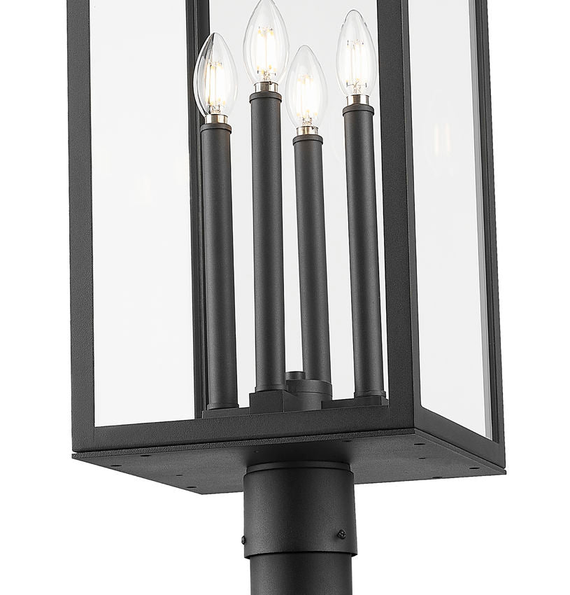 Z-Lite Nova 5018PHBR-564P-BK 4-Light Candelabra Base Black Aluminum Clear Glass Shade Outdoor Post Mounted Fixture