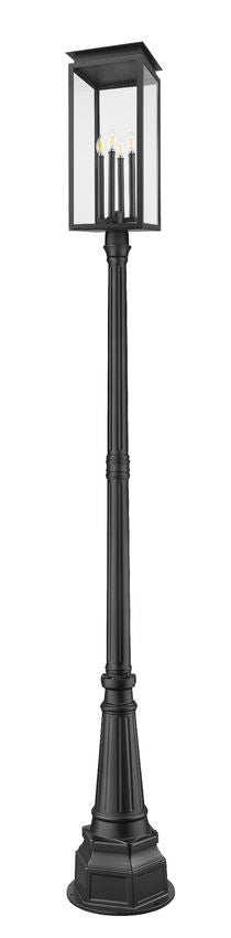 Z-Lite Nova 5018PHBR-564P-BK 4-Light Candelabra Base Black Aluminum Clear Glass Shade Outdoor Post Mounted Fixture