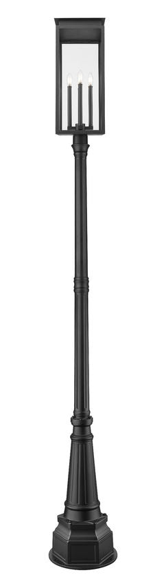 Z-Lite Nova 5018PHBR-564P-BK 4-Light Candelabra Base Black Aluminum Clear Glass Shade Outdoor Post Mounted Fixture