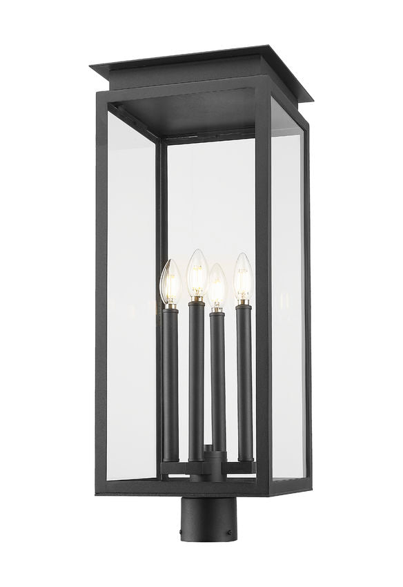 Z-Lite Nova 5018PHBR-BK 4-Light Candelabra Base Black Aluminum Clear Glass Shade Outdoor Post Mount Fixture