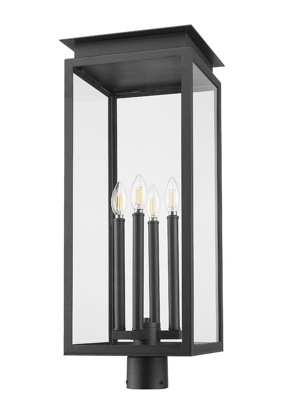 Z-Lite Nova 5018PHBR-BK 4-Light Candelabra Base Black Aluminum Clear Glass Shade Outdoor Post Mount Fixture