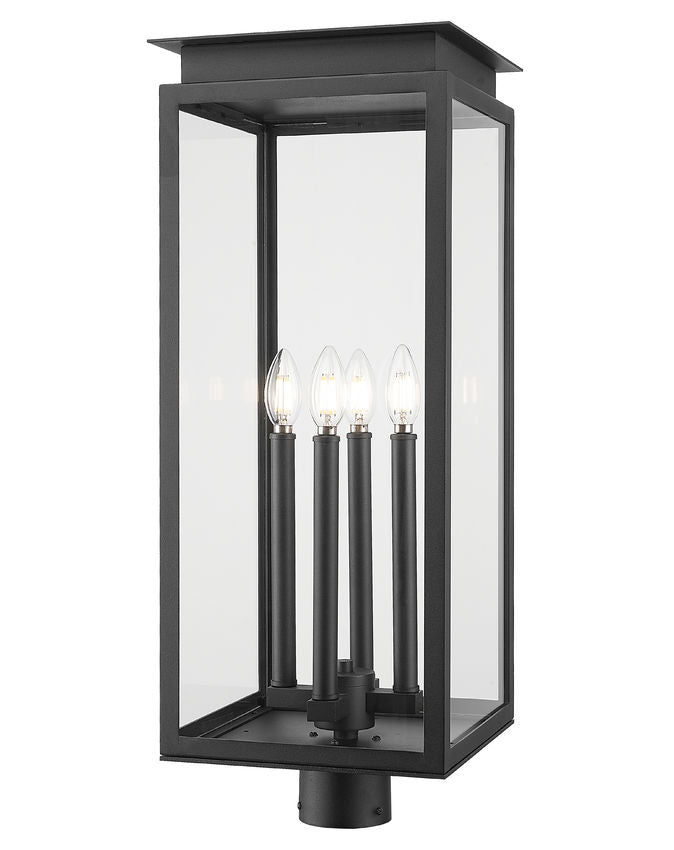 Z-Lite Nova 5018PHBR-BK 4-Light Candelabra Base Black Aluminum Clear Glass Shade Outdoor Post Mount Fixture