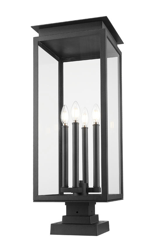 Z-Lite Nova 5018PHBS-SQPM-BK 4-Light Candelabra Base Black Aluminum Clear Glass Shade Outdoor Pier Mounted Fixture