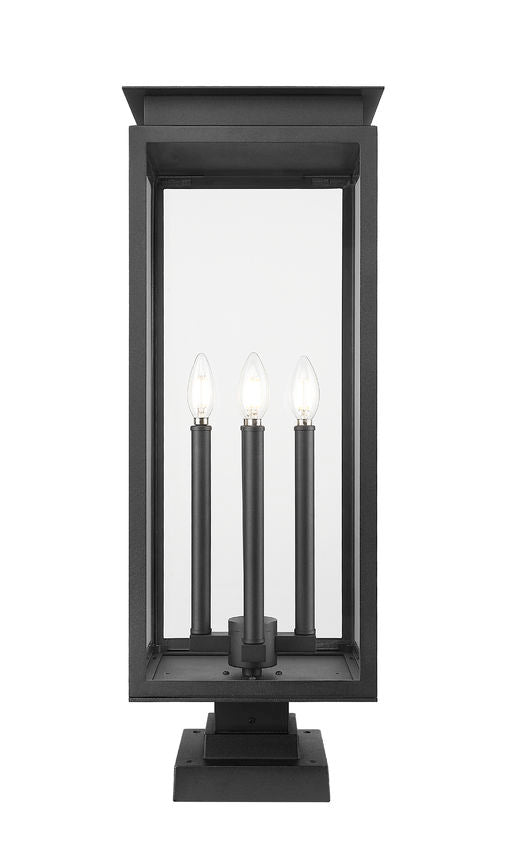 Z-Lite Nova 5018PHBS-SQPM-BK 4-Light Candelabra Base Black Aluminum Clear Glass Shade Outdoor Pier Mounted Fixture