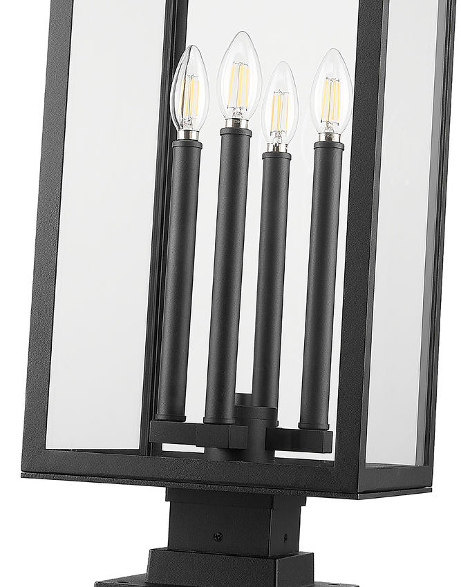 Z-Lite Nova 5018PHBS-SQPM-BK 4-Light Candelabra Base Black Aluminum Clear Glass Shade Outdoor Pier Mounted Fixture