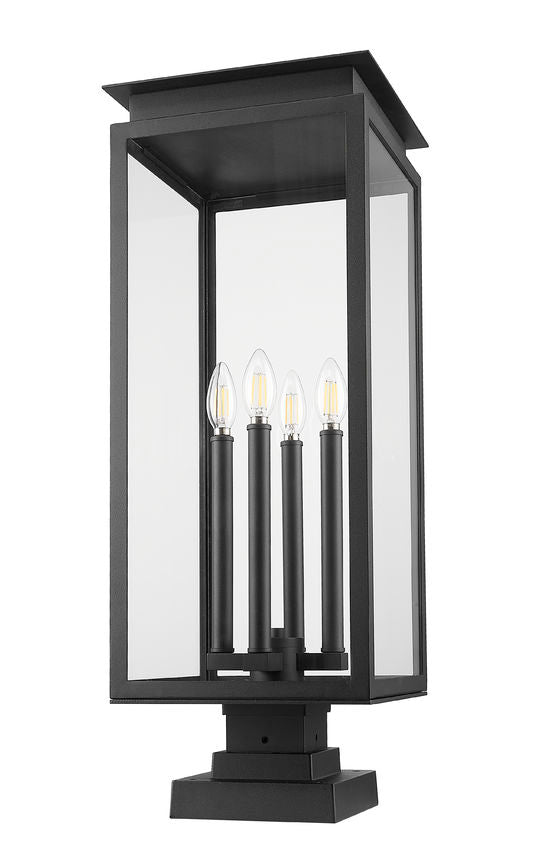 Z-Lite Nova 5018PHBS-SQPM-BK 4-Light Candelabra Base Black Aluminum Clear Glass Shade Outdoor Pier Mounted Fixture