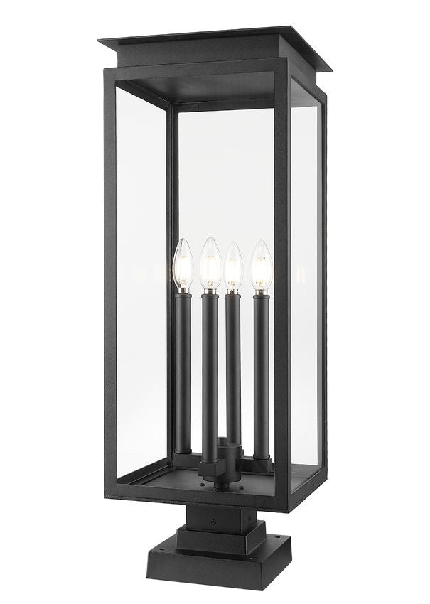 Z-Lite Nova 5018PHBS-SQPM-BK 4-Light Candelabra Base Black Aluminum Clear Glass Shade Outdoor Pier Mounted Fixture