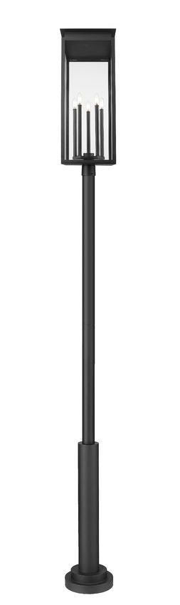 Z-Lite Nova 5018PHXLR-5010P-BK 5-Light Candelabra Base Black Aluminum Clear Glass Shade Outdoor Post Mounted Fixture
