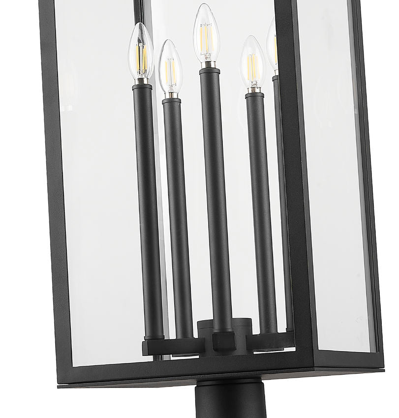 Z-Lite Nova 5018PHXLR-5010P-BK 5-Light Candelabra Base Black Aluminum Clear Glass Shade Outdoor Post Mounted Fixture