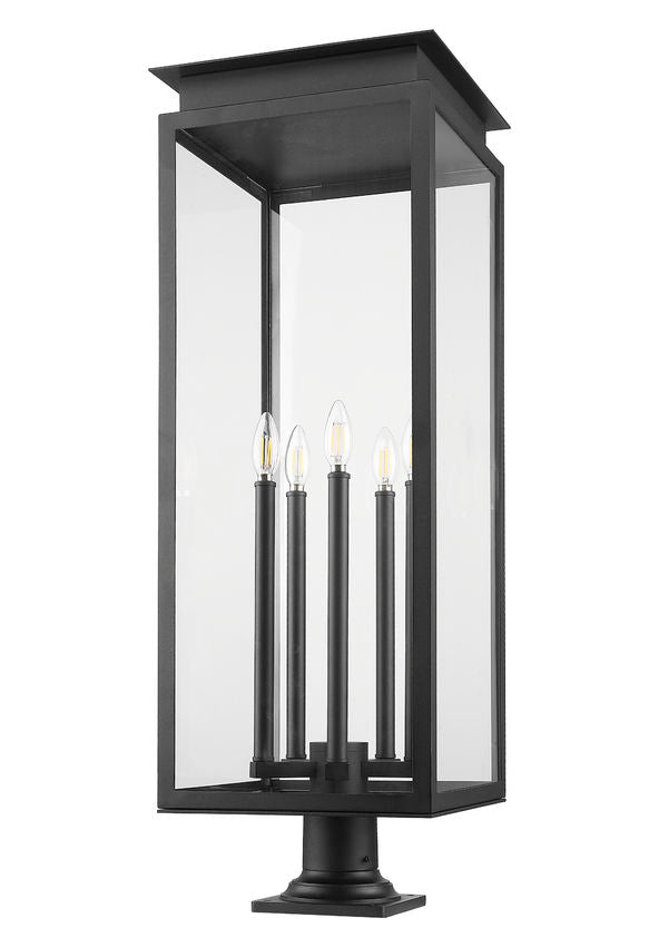 Z-Lite Nova 5018PHXLR-533PM-BK 5-Light Candelabra Base Black Aluminum Clear Glass Shade Outdoor Pier Mounted Fixture
