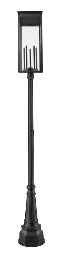 Z-Lite Nova 5018PHXLR-564P-BK 5-Light Candelabra Base Black Aluminum Clear Glass Shade Outdoor Post Mounted Fixture