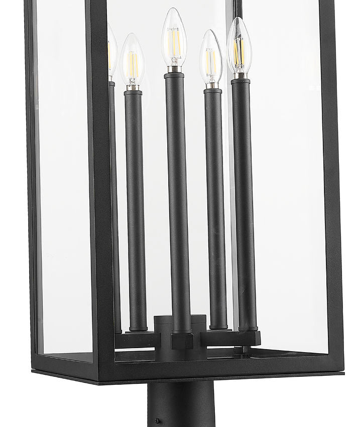 Z-Lite Nova 5018PHXLR-564P-BK 5-Light Candelabra Base Black Aluminum Clear Glass Shade Outdoor Post Mounted Fixture