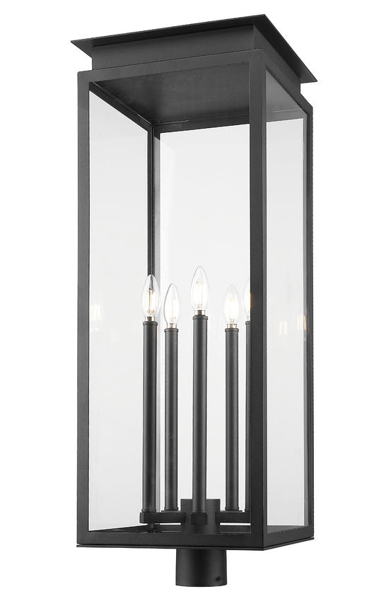 Z-Lite Nova 5018PHXLR-BK 5-Light Candelabra Base Black Aluminum Clear Glass Shade Outdoor Post Mount Fixture