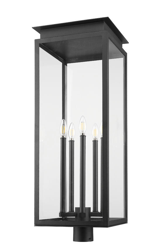 Z-Lite Nova 5018PHXLR-BK 5-Light Candelabra Base Black Aluminum Clear Glass Shade Outdoor Post Mount Fixture
