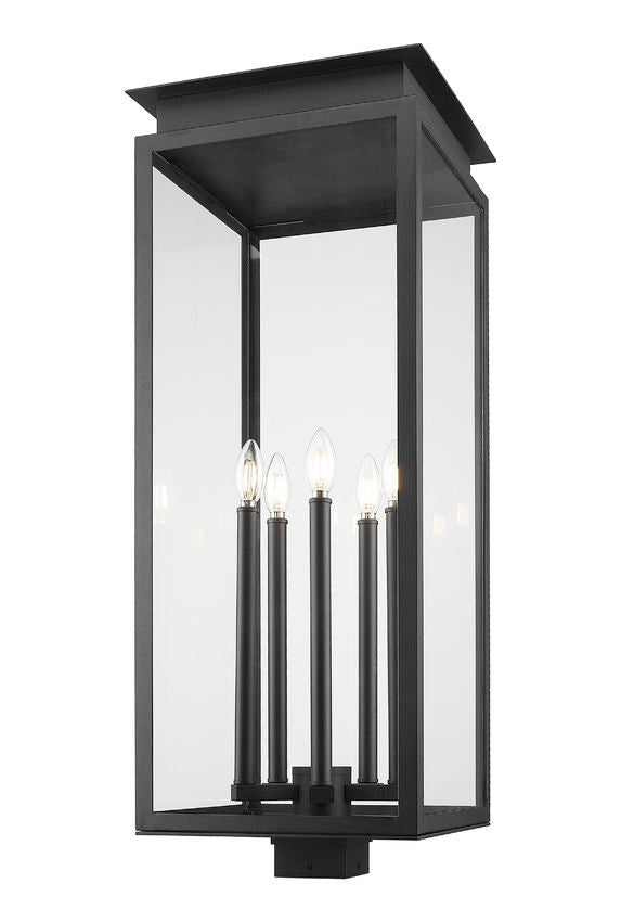 Z-Lite Nova 5018PHXLS-BK 5-Light Candelabra Base Black Aluminum Clear Glass Shade Outdoor Post Mount Fixture