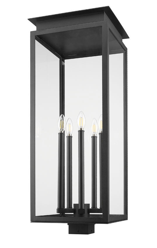 Z-Lite Nova 5018PHXLS-BK 5-Light Candelabra Base Black Aluminum Clear Glass Shade Outdoor Post Mount Fixture