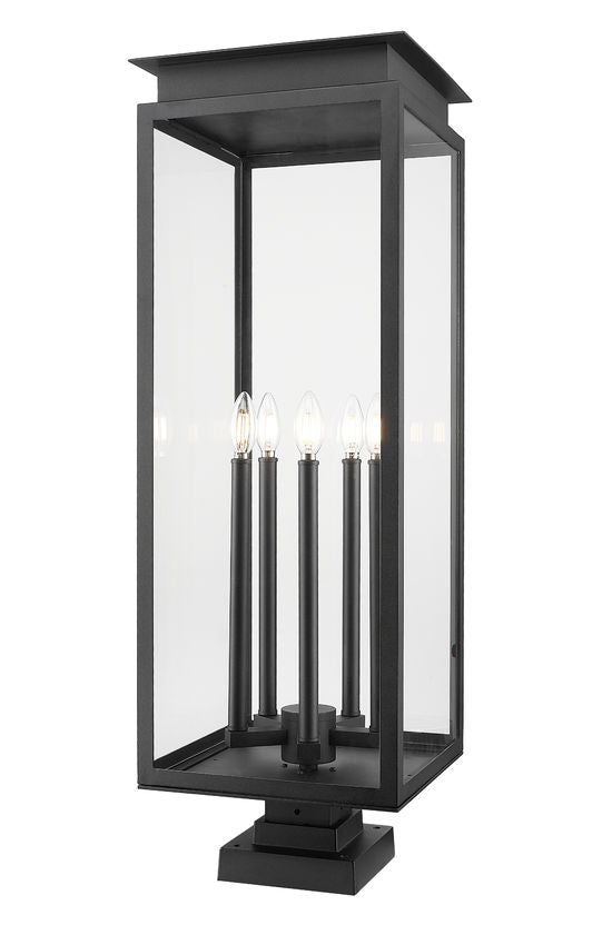 Z-Lite Nova 5018PHXLS-SQPM-BK 5-Light Candelabra Base Black Aluminum Clear Glass Shade Outdoor Pier Mount Fixture