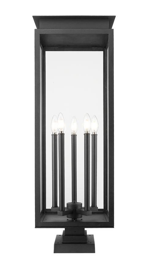 Z-Lite Nova 5018PHXLS-SQPM-BK 5-Light Candelabra Base Black Aluminum Clear Glass Shade Outdoor Pier Mount Fixture