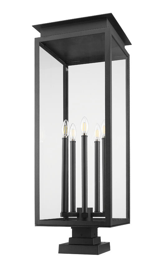 Z-Lite Nova 5018PHXLS-SQPM-BK 5-Light Candelabra Base Black Aluminum Clear Glass Shade Outdoor Pier Mount Fixture