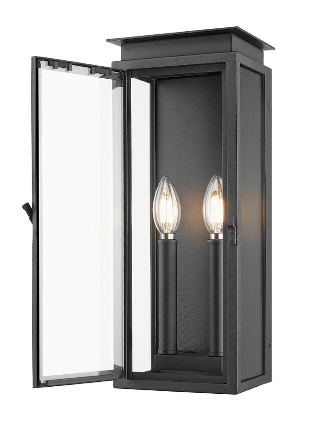 Z-Lite Nova 5018S-BK 2-Light Candelabra Base Black Aluminum Clear Glass Shade Outdoor Wall Light