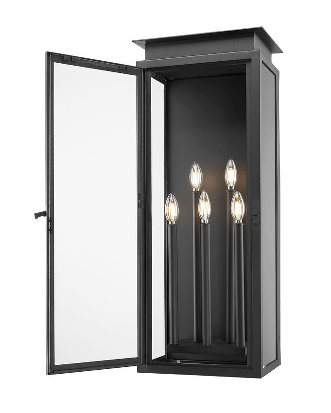 Z-Lite Nova 5018XL-BK 5-Light Candelabra Base Black Aluminum Clear Glass Shade Outdoor Wall Light