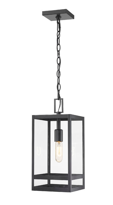 Z-Lite Nuri 8" W x 16" H 1-Light Black Aluminum Outdoor Chain Mount Ceiling Fixture With Clear Glass Shade
