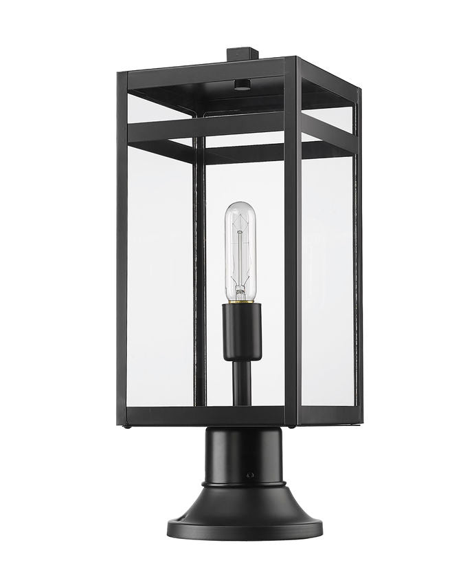 Z-Lite Nuri 8" W x 20" H 1-Light Black Outdoor Pier Mounted Fixture and Round Pier Mount Hardware With Clear Glass Shade