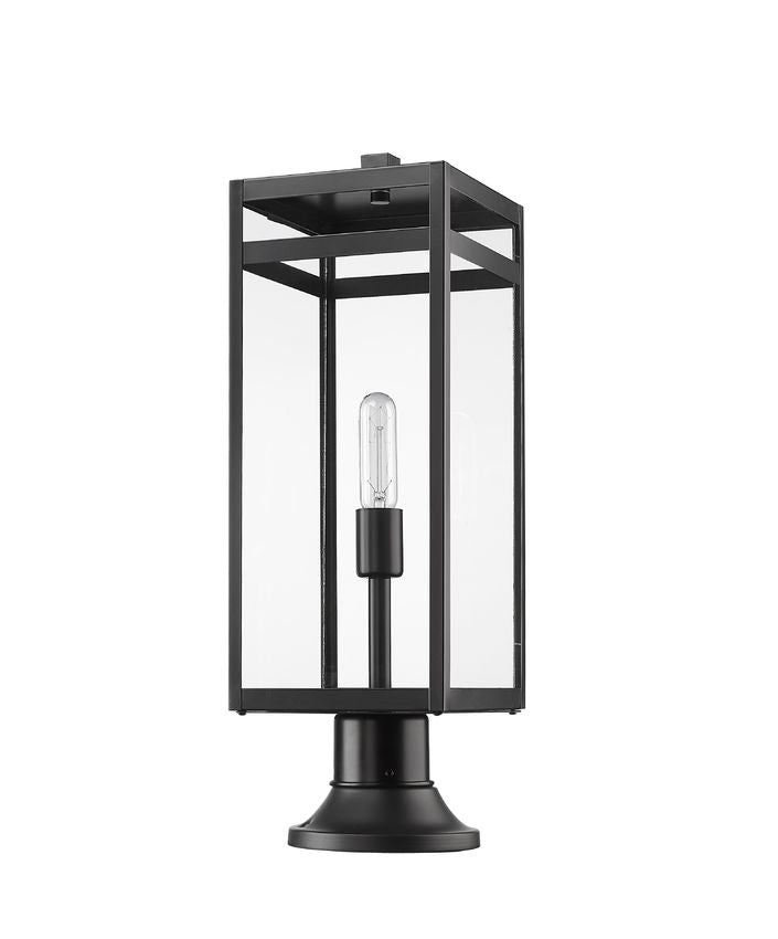 Z-Lite Nuri 8" W x 24" H 1-Light Black Outdoor Pier Mounted Fixture and Round Pier Mount Hardware With Clear Glass Shade