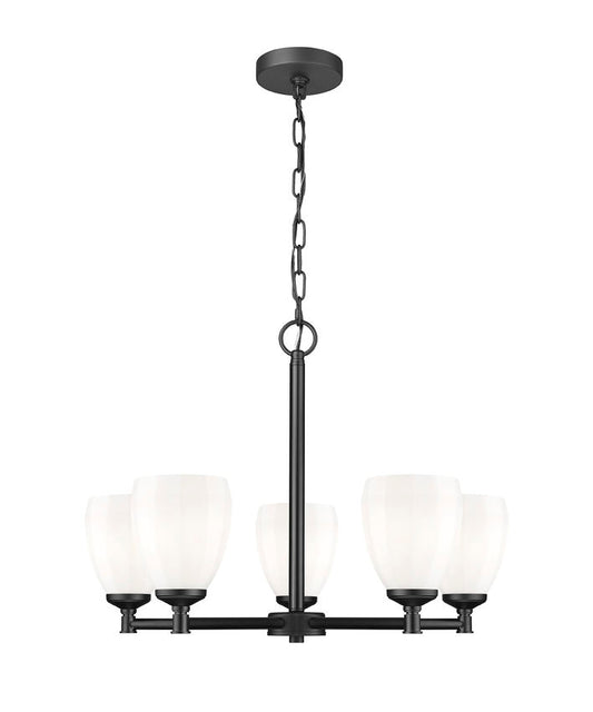 Z-Lite Oren 5-Light Medium Bulb Base Matte Black Steel Frame Matte Opal Glass Shade Chandelier