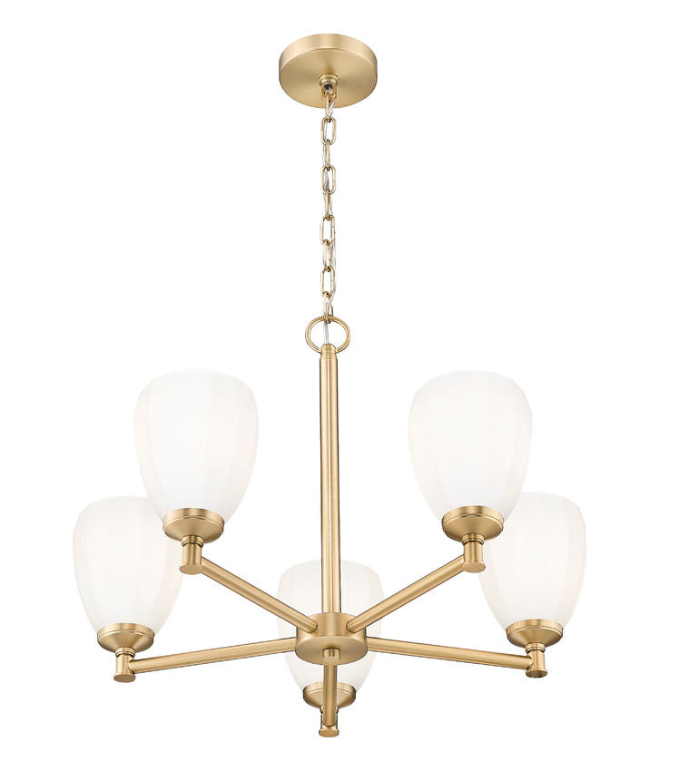 Z-Lite Oren 5-Light Medium Bulb Base Modern Gold Steel Frame Matte Opal Glass Shade Chandelier