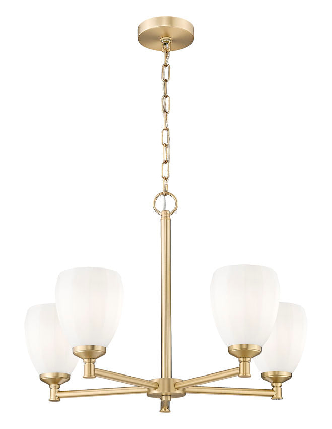 Z-Lite Oren 5-Light Medium Bulb Base Modern Gold Steel Frame Matte Opal Glass Shade Chandelier