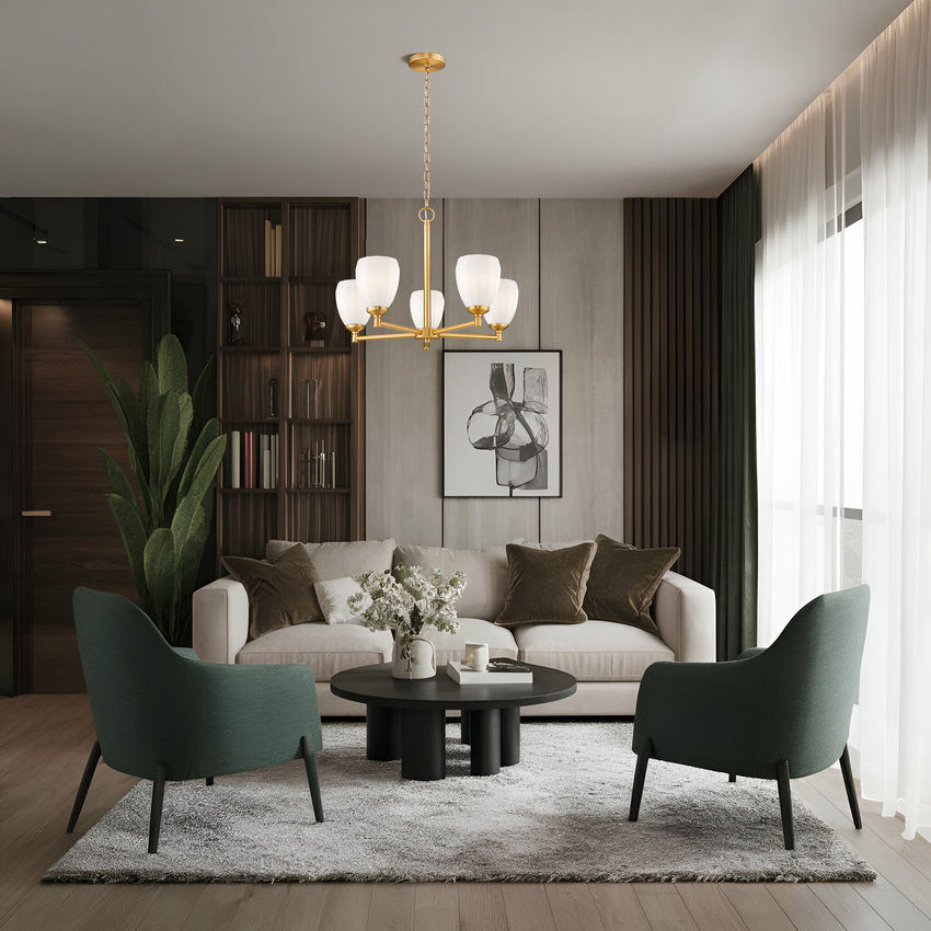 Z-Lite Oren 5-Light Medium Bulb Base Modern Gold Steel Frame Matte Opal Glass Shade Chandelier
